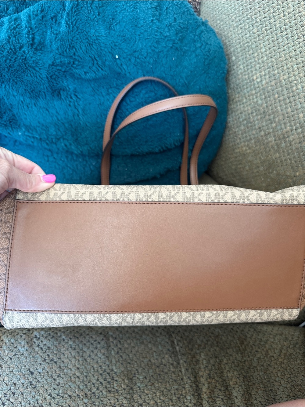 Michael Kors Two-Tone MK Logo Tote in Brown and Cream - Picture 13 of 13